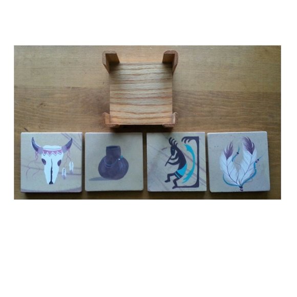 Arizona Sandstone Coasters Wood Holder Steer Head Kokopelli Feathers NEW Set 4 - Picture 3 of 6